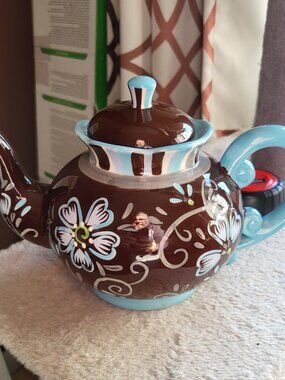 Pier 1 Import Tea Pot Hand Painted Floral Brown Baby Blue & White